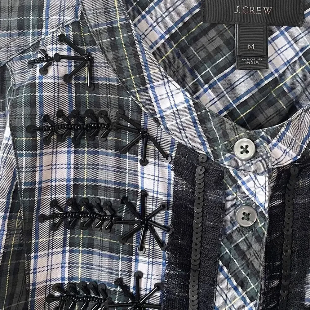 J. Crew Beaded Embellished Forest Green Tartan Plaid Shirt M